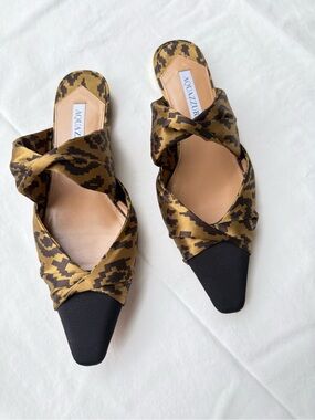 Aquazzura Gold and Black Patterned Satin Cross‑Band Mules